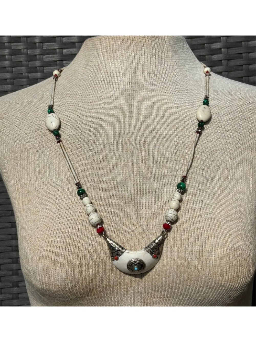 70s Artisan Multi Gemstone Tibetan Silver Mounted Conch Shell Necklace